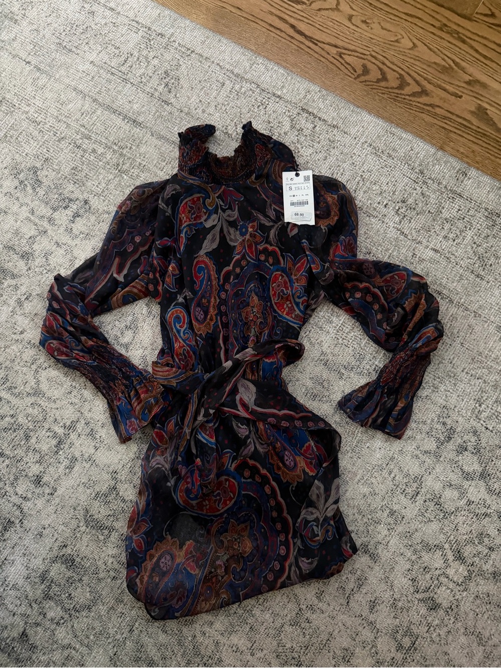 Zara Multicolor Paisley Long Sleeve Tie-Waist Dress